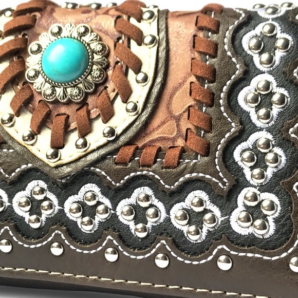 1️⃣LEFT New Hand Tooled Western Turquoise Silver Stud Wristlet Wallet Clutch Bag - Picture 3 of 8